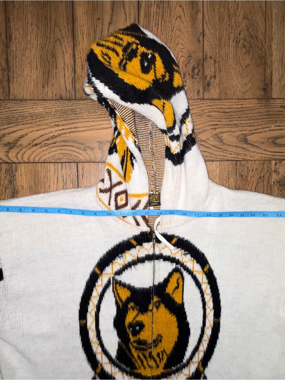 Vintage 90s Tejidos Imalaya Wool Wolf Dreamcatcher Hooded Full Zip Sweater L/XL - Picture 8 of 12